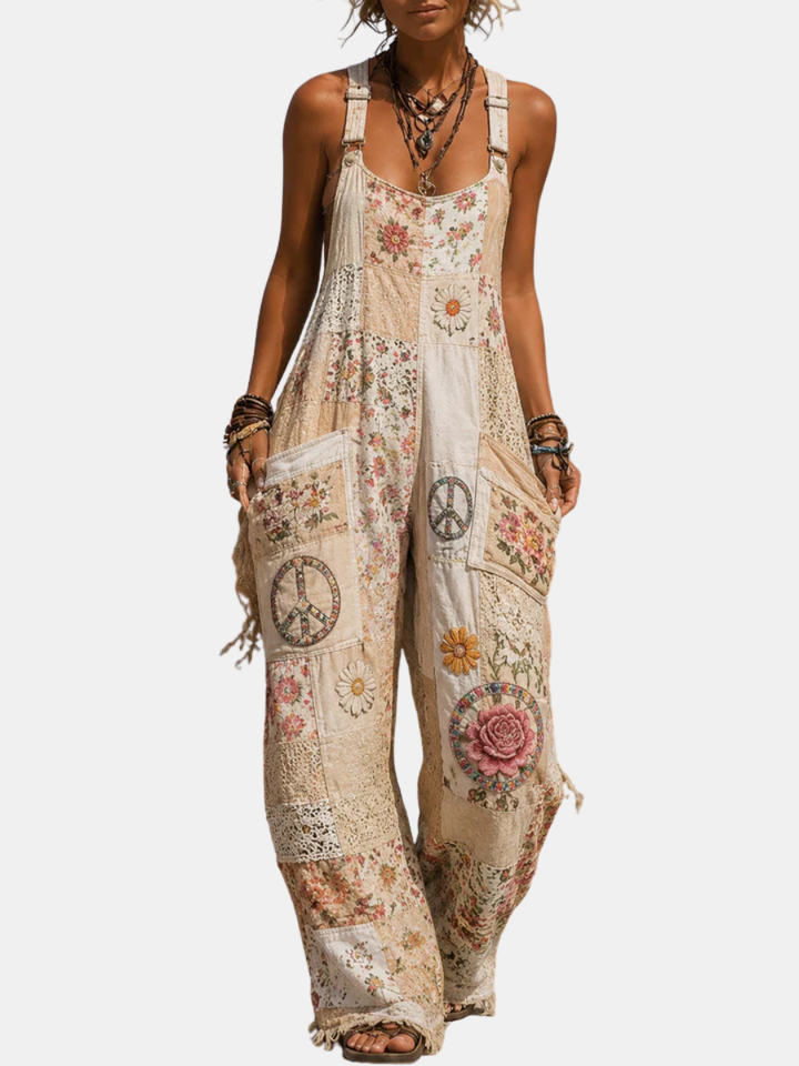 Foxglove™ | Retro Art Print Washed Patchwork Jumpsuit