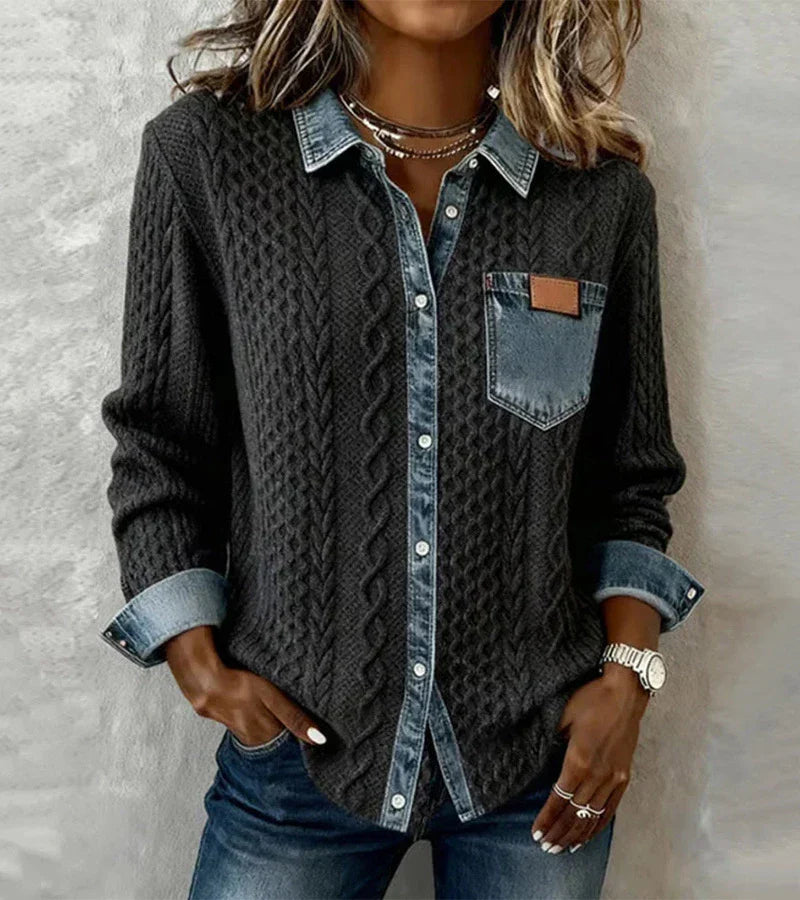 Davina™ | Cable Knit Denim-Trim Cardigan