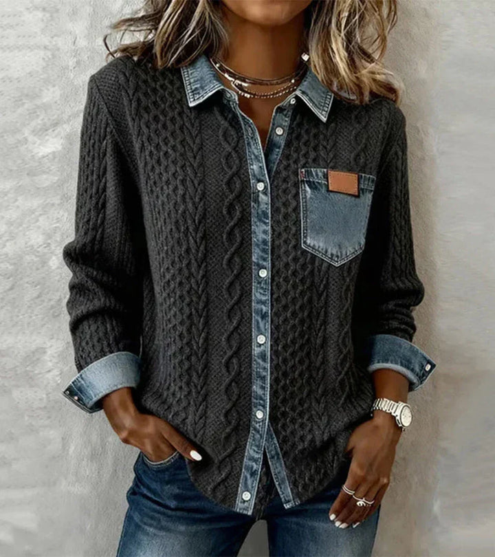 Davina™ | Cable Knit Denim-Trim Cardigan