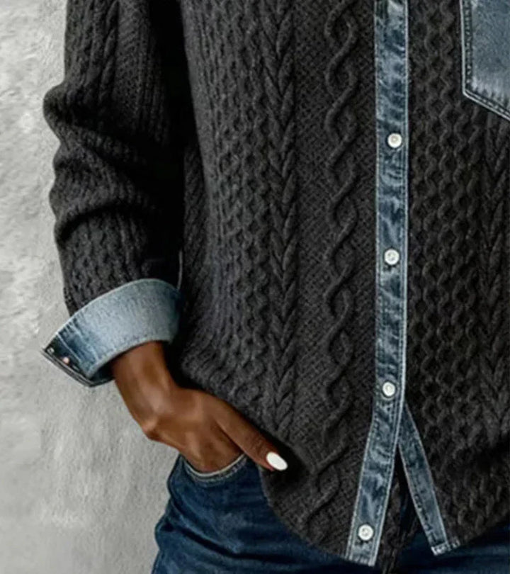 Davina™ | Cable Knit Denim-Trim Cardigan