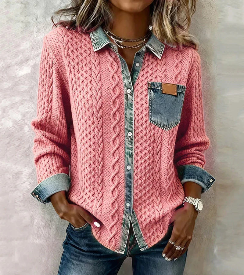 Davina™ | Cable Knit Denim-Trim Cardigan