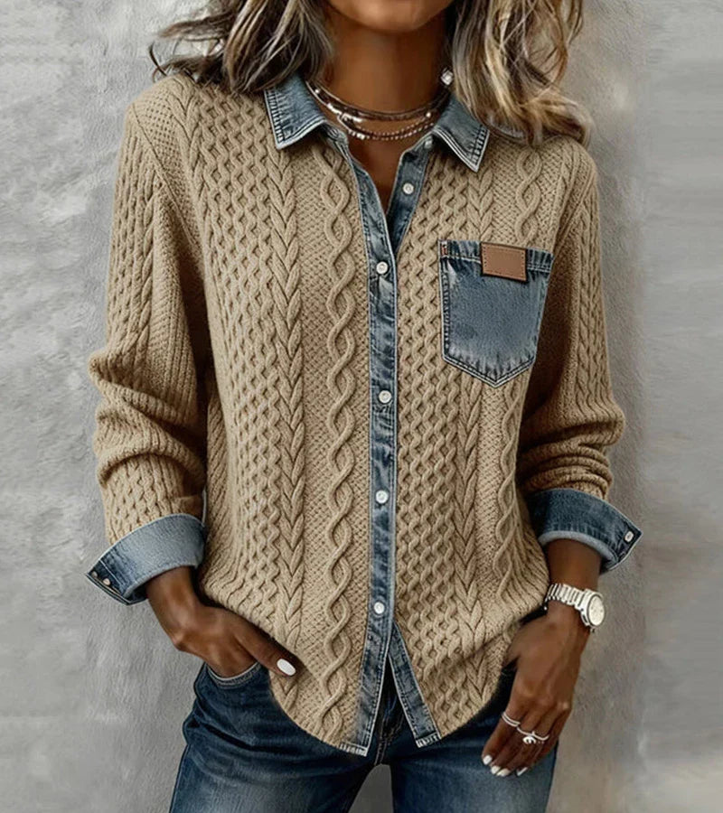 Davina™ | Cable Knit Denim-Trim Cardigan