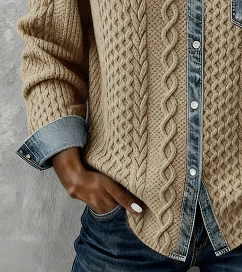 Davina™ | Cable Knit Denim-Trim Cardigan
