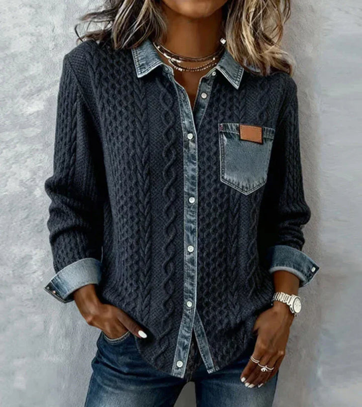 Davina™ | Cable Knit Denim-Trim Cardigan