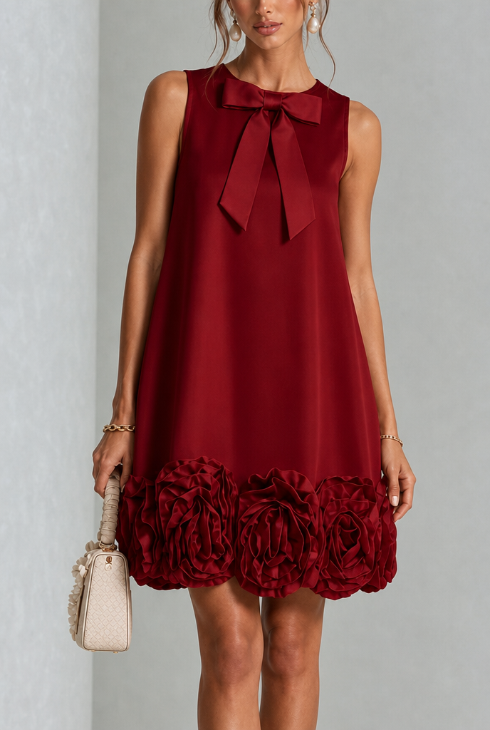 Emery | Elegant Bow Neck Floral Hem Dress