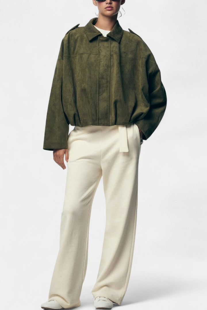 Monnie Suede Oversized Bomber Jacket with Structured Shoulders
