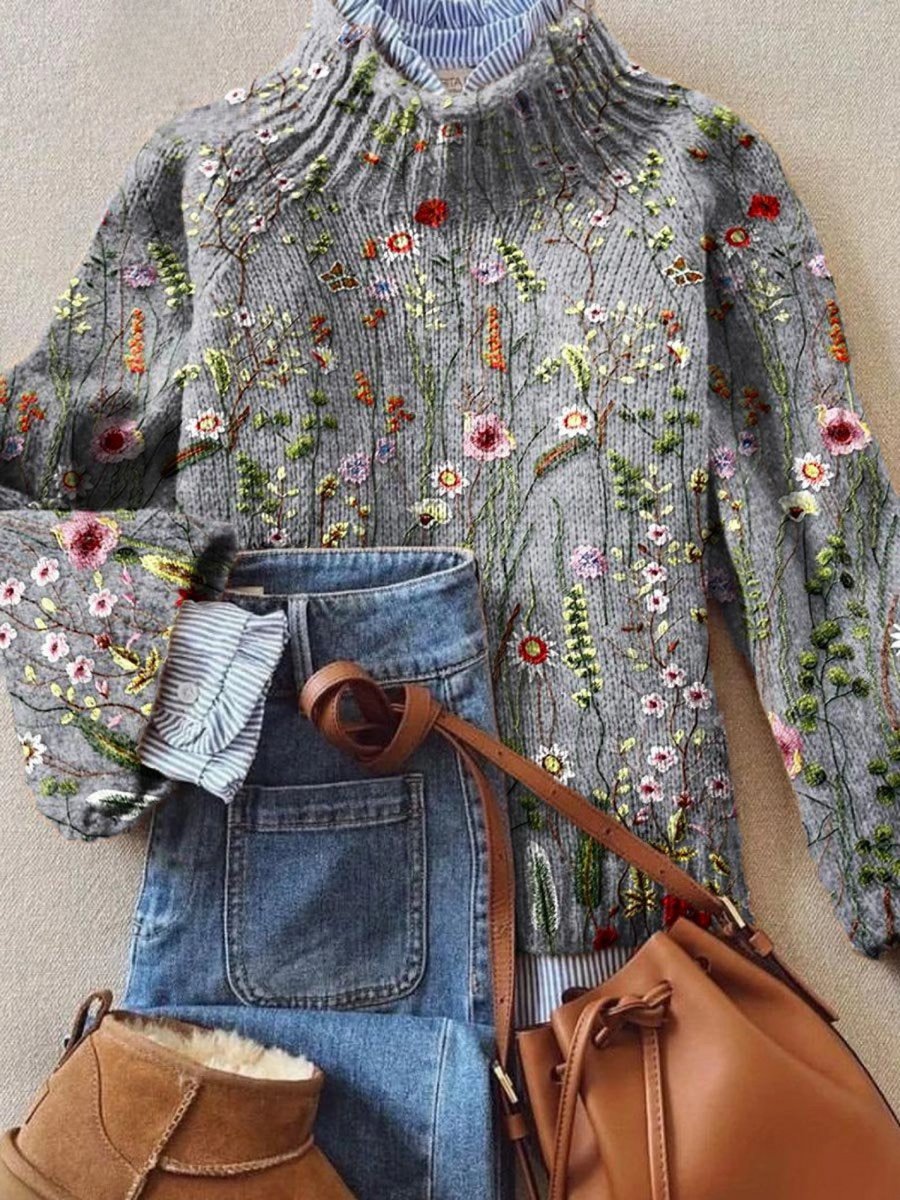 Sophia | Women's Floral Embroidered Turtleneck Sweater Relaxed Knit Pullover
